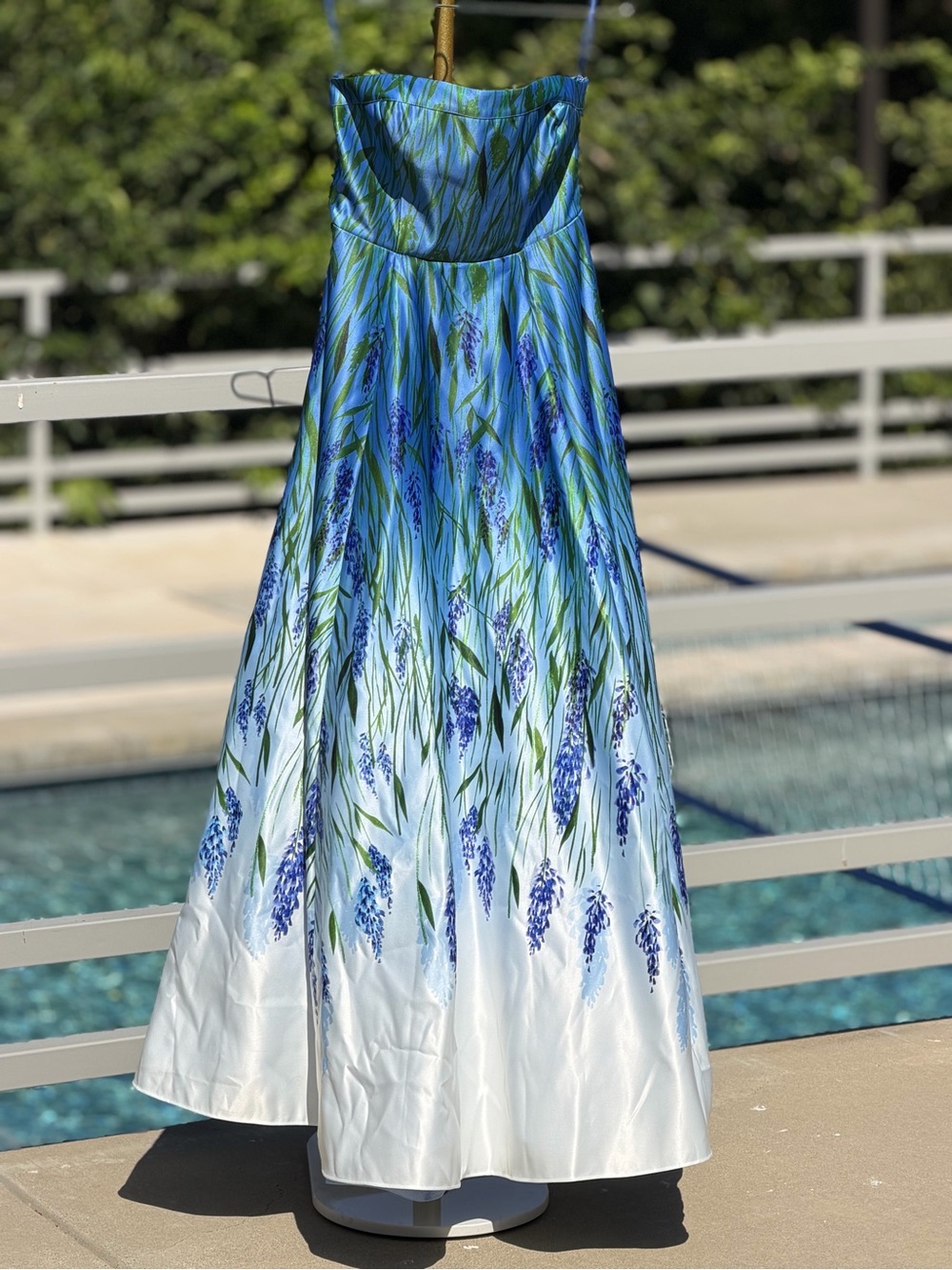 BHLDN Anthropologie Blue and Green Strapless Floral Gown
